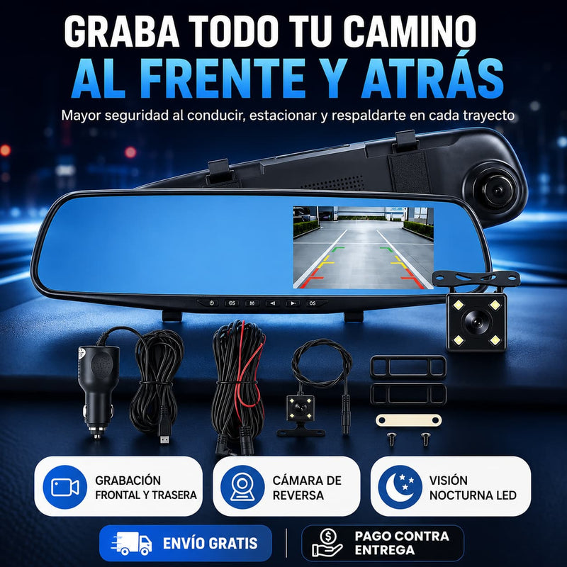 Espejo Retrovisor con Doble Cámara HD — Graba al Frente y Atrás