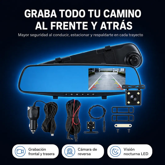 Espejo Retrovisor con Doble Cámara HD — Graba al Frente y Atrás